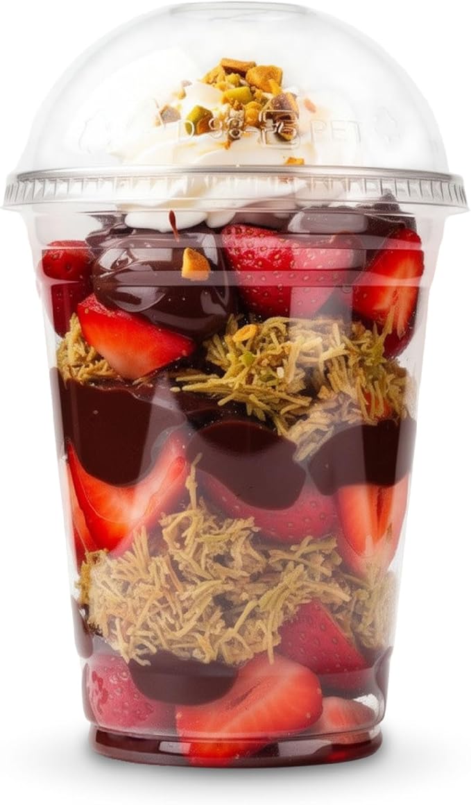 [200 SET]HAKOWARE 16oz Ultra Clear Disposable Plastic Cold Cups with Open Hole Dome Lids, PET Party Drinking Cups, Iced Coffee Smoothie Cold everage, Dubai Chocolate Strawberry Cups