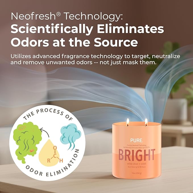Candle-Lite Pure White Citron & Violet Odor Eliminating Scented Candles, Neofresh Technology Eliminates 99.9% of Odors, 16 oz 2-Wick Jar, Proudly Poured in The USA, Up to 60 Hours Burn Time