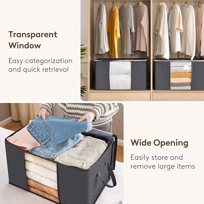 Lifewit 2 Pack 60L Clothes Storage Bins with Lids, Foldable Blanket Storage Bags with Zippers, Clear Window and Reinforced Handles, Closet and Organization for Clothing, Sweater, Comforter, Bedding