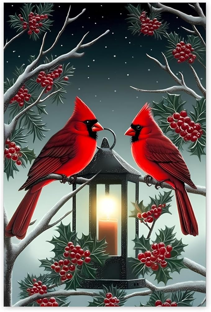 GUAIEUW Candle Flame Red Bird Diamond Painting Kit for Adults, Full Round Diamond Cardinal Bird 5D Diamond Painting DIY Art Crafts for Winter Home Wall Decor Holiday Gift 8x12 Inch