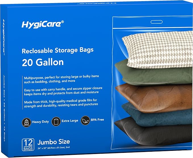 HygiCare Reclosable Storage Bags, 20 Gallon, 12 Count, 3mil Thick, Heavy Duty, Easy to Use with Carry Handle, Reusable, 24"x32", Perfect for Bedding, Clothes, Travel and Moving