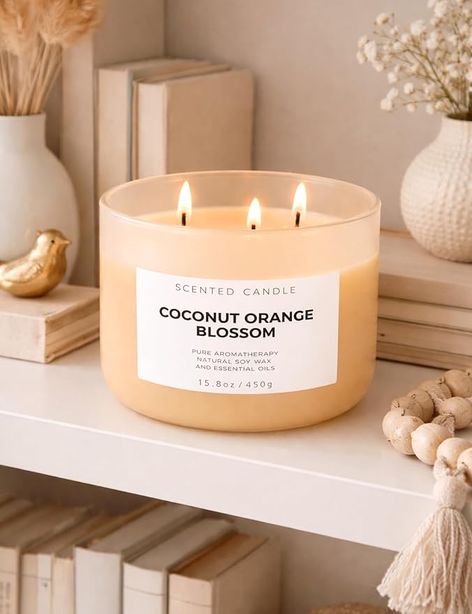 Coconut Orange Blossom Scented Candle - Large 3-Wick Aromatherapy Soy Candle, 15.8 oz - Highly Scented, Clean Burning, Long Lasting Home Fragrance Gift for Women & Men