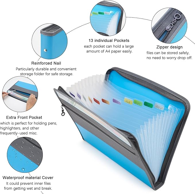 NAFY Expanding File Folders, 2Pack, 13 Pockets, A4 Letter Size, Portable Accordion, Zipper, Multicolor Labels, Office School Supplies, Black+Blue