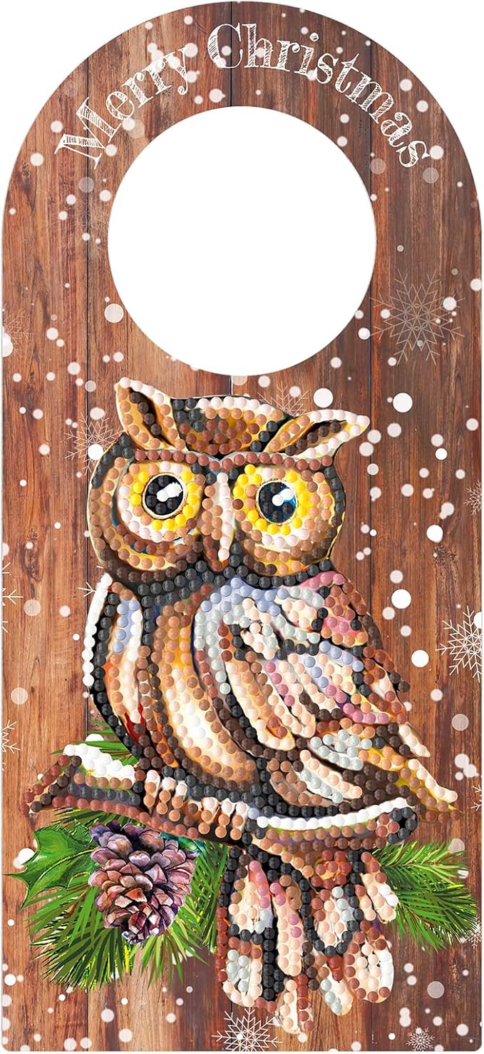 Owl Diamond Art Painting Christmas Door Knob Hanger Signs DIY Kits 5D Diamond Art Wood Christmas Door Handle Hanging Ornaments Special Shaped Rhinestones Paint by Number Stitch Room Front Door Decor