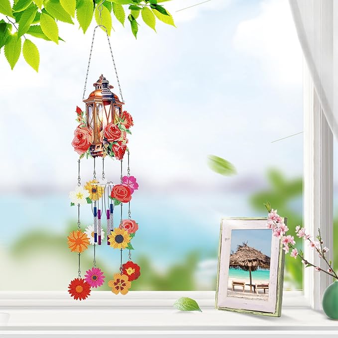 Flowers Diamond Art Wind Chime Suncatcher DIY Kits 5D Diamond Art Painting Wind Chimes Hanging Ornament Set Double Sided Special Shaped Crystal by Number Stitch Pendant for Yard Garden Outdoor Decor