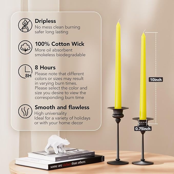 10-Inch Tall Dripless Taper Candles Set of 4 - Yellow Tapered Candles, Perfect for Spring - Smokeless, Unscented, Long Burning - Hand Poured, Colored Tall Candlesticks - Light Yellow