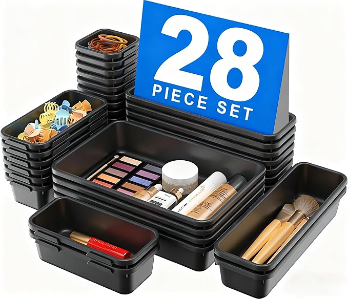【𝟮𝟴𝗣𝗖𝗦】 【𝟱𝗦𝗶𝘇𝗲】 Black Drawer Organizer, Makeup organizer, 【Holds 177 Items】 Bathroom Organizers and Storage, Plastic Desk Organizer Divider, Organizer Bins for Office Vanity A-LUGEI