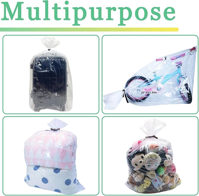 4 Pcs 45x65 inches Extra Large Clear Plastic Bags Perfect for Car Seat, Luggage, Suitcase, Stroller, Chair, Kids Bike and Furniture Storage (2 Mil Flat Bags, Include 4 Ties)