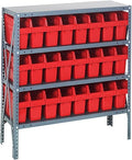 Quantum 1239-SB801RD Heavy Duty Shelving Unit with (4) Shelves and (24) QSB801 Red Bins for Warehouse Storage Distribution | 400 lbs Capacity per Shelf | 12"D x 36"L x 39"H, Galvanized Steel Finish