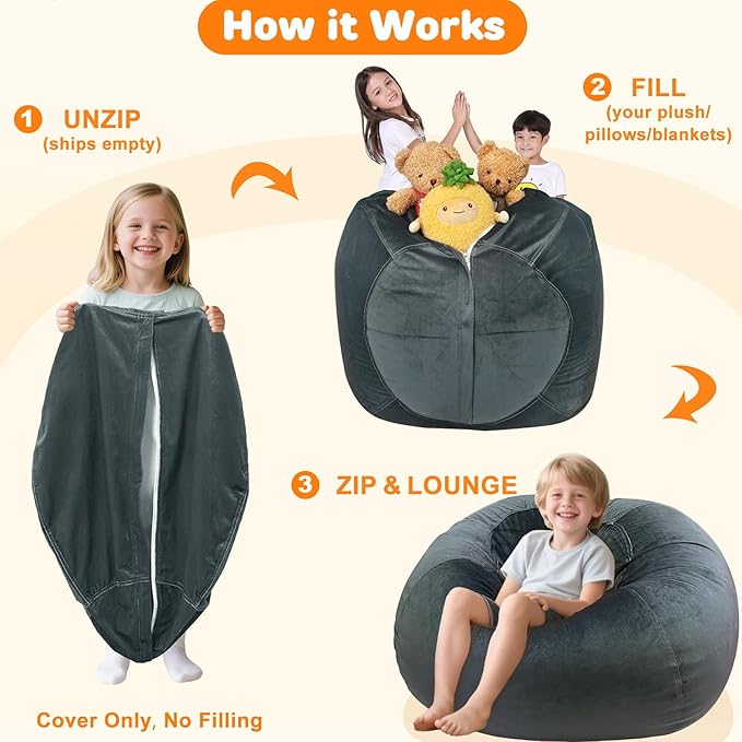 Lukeight Stuffed Animals Storage Bean Bag Chair Cover Only (Ships Empty, No Filling) - Velvet YKK Zipper Beanbag Cover for Toddlers and Kids, Washable Plush Toy Organizer, Large 27" D x 16" H