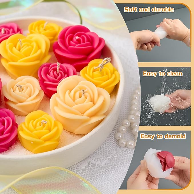 Rose Candle Making Kit with Candle Wicks Flower Silicone Mold for Candle Making Molds Set of Large + Medium + Small 3D Rose Molds DIY Handmade Soap Mould for Home Decor Valentine's Day Gift