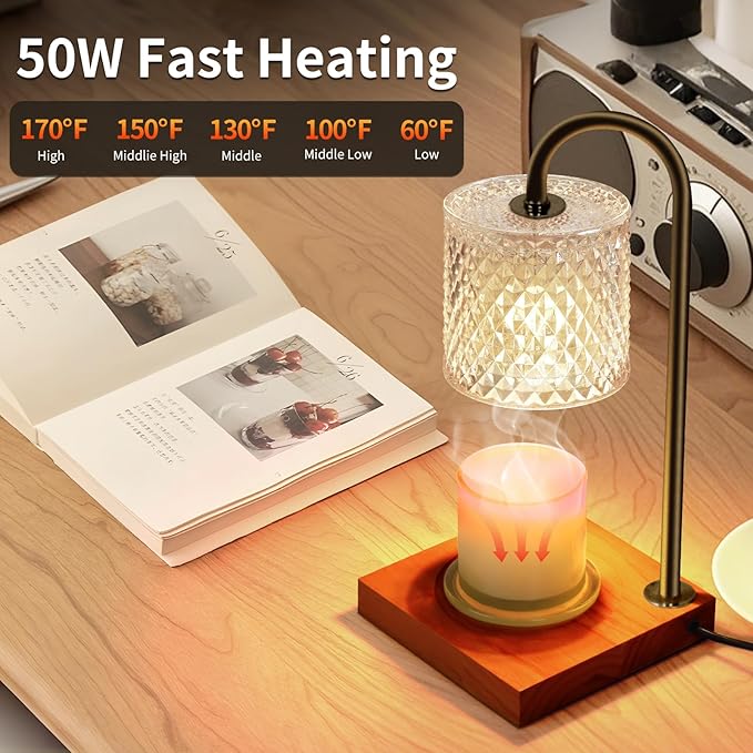 TigQiang Candle Warmer Lamp, Candle Lamp Wax Warmer, Timer & Dimmer 7-Levels, Fits Cup Jar Candle, Top Melting, Crystal Heater Lamp for Scented Wax, Elegant Home Decor, Clear & Brown