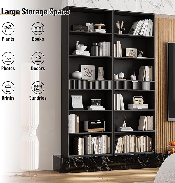 INNOD 72" Tall Bookshelf with Storage, 7-Tier Bookcase Fluted with Drawer, Display Book Shelf Book Organizer with Anti-tip Device, Home Decor Wood Furniture for Bedroom, Living Room and Office, Black