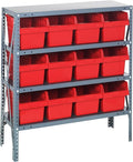 Quantum 1839-SB808RD Heavy Duty Shelving Unit with (4) Shelves and (12) QSB808 Red Bins for Garage Warehouse Storage Distribution | 400 lb Load Capacity | 12"D x 36"L x 39"H, Galvanized Carbon Steel