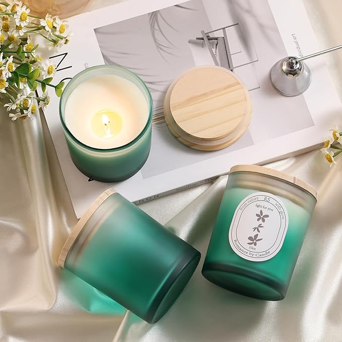 REISEN 12Pcs Gradient Green Candle Jars for Making Candles, 10oz Glass Jars with Bamboo Lids, Candle Wick Kit and Sticky Warning Labels, Candle Containers Vessels for DIY Gifts