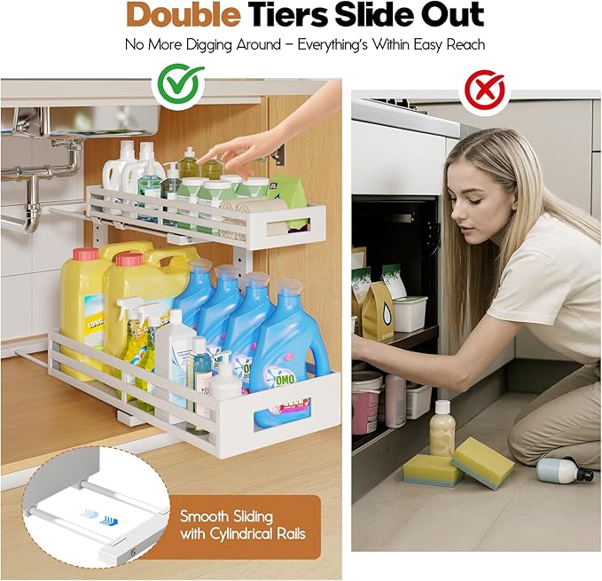 2-Pack 19"Deep Under Sink Organizer And Storage, 2-Tier L-Shaped Pull Out Cabinet Organizer with Upgraded Slide Rails, Height Adjustable Drawers for Kitchen&Bathroom, Extra-Large Storage Shelves–Gray
