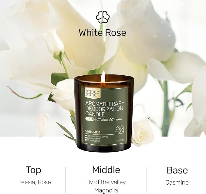 Odor Eliminating Candle, White Rose Scented Candle, Pet-Friendly Soy Candles, 60 Hours, 7 oz