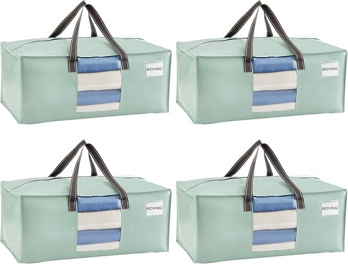 VENO 4 Pack Heavy Duty Moving Bags, Christmas Storage Bins with Lids, Transparent Window Design, Alternative to Moving Boxes, Storage Bags for Clothes, Blankets, Comforters (Shiny Light Green, 4 Pack)