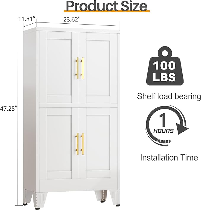 47“H White Metal Bathroom Storage Cabinet, Kitchen Pantry Cabinet with Doors and 3 Adjustable Shelves, Bathroom cabinets Organizer, for Home Office, Bedroom