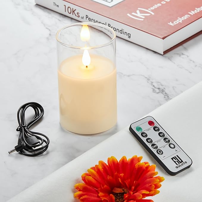 Flickering Flameless Candles, Battery Operated Candles with 3D Wick, Last 1000+ Hours LED Candle with Remote and Timer, Rechargeable Candle Real Wax White Glass, Home Decor 3" x 5"