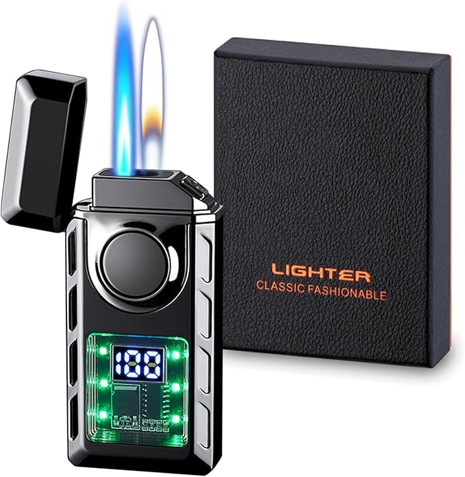 Smart Display Dual Flame Torch Lighter, Transparent Core Electric Lighter with LED Display, Butane Refillable & Type-C Charging, Windproof Jet Flame & Soft Flame Lighter (Without Butane)-Black Ice