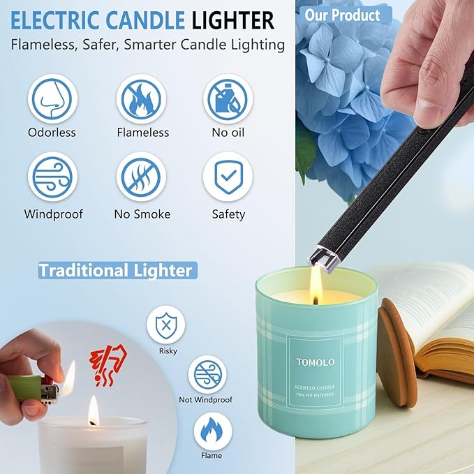 TOMOLO 2PCS Candle Lighter, Electric Lighter with Safety Switch Windproof Flameless Rechargeable Lighters for Candle, Kitchen, Grill, Camping, Gift (Black)
