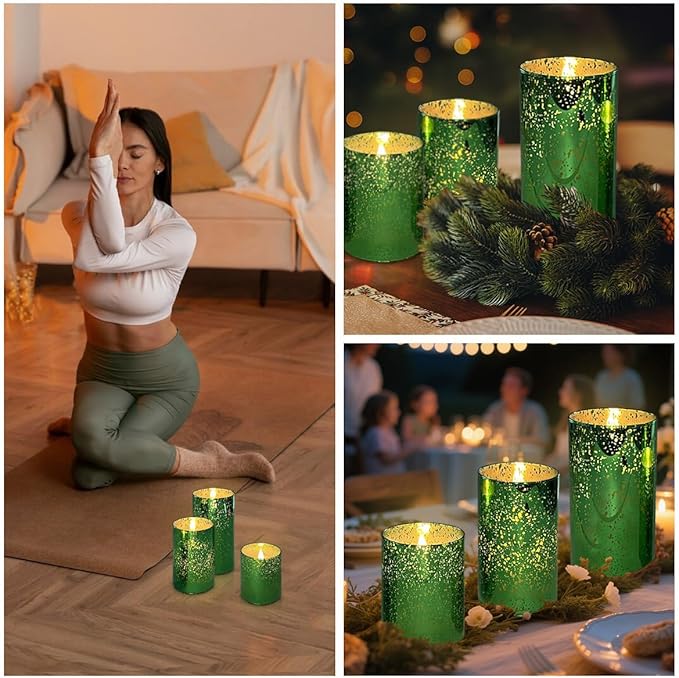Rechargeable Flameless Candle, Flickering LED Pillar Glass Fake Candle with Remote and Timer, Built-in Battery Real Wax Electronic Candle for Room Decoration, Set of 3