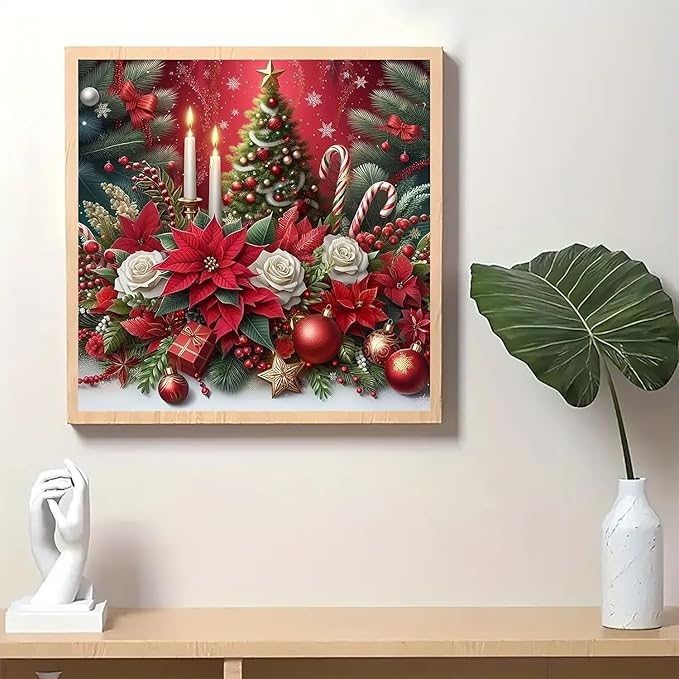 Christmas Poinsettia Tree Diamond Art Painting Kits for Adults, Candle Diamond Painting Kits for Adults Beginners, 5D DIY Full Drill Diamond Dot Gem Art Kits for Adult, Home Wall Decor 13.8x13.8 Inch