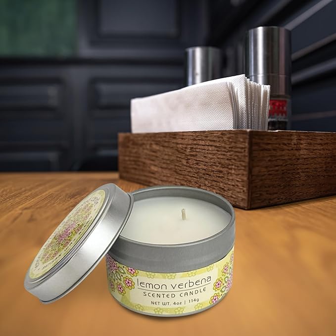 Greenwich Bay Hand-Poured Scented Candle in Decorative Tin – 4 oz/114 g Travel Candle with Lead-Free Wick, Vegetable Wax, Long-Burning Aromatherapy Gift, Single Wick – Made in USA (Lemon Verbena)