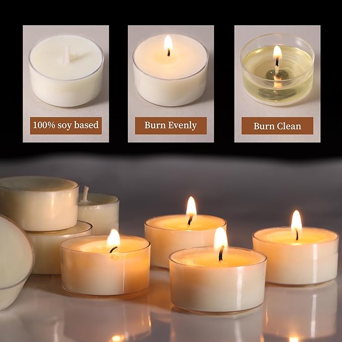 DEVI 6 Hour Soy Tea Lights Candles Bulk 100 Pack, Soy White Tea Lights Bulk-6 Hours Long Burning, Unscented Small Votives Bulk for Wedding, Party Centerpieces