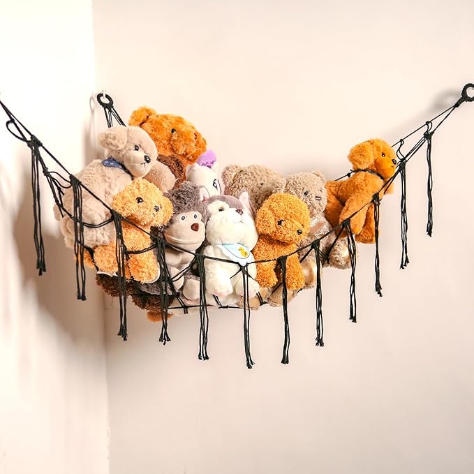 YKBU Stuffed Animals Hammock Corner Hanging Net Macrame Stuffed Animal Storage Plush Toy Holder Toy Organizer for Boho Nursery Playroom Bedroom Kids Room (black, Large)