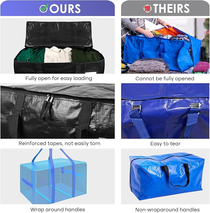 SINLAND 4 Pack Extra Large Heavy Duty Moving Bags with Strong Zippers, Reinforced Handles and Tag Pocket, Packing Totes Supplies for College Dorm Room, Packing Bags for Saving Space (Black)