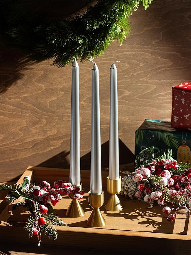 CANDWAX 10 inch Silver Taper Candles Set of 4 - Christmas Candles Taper Dripless - Tall Long Burning Fragrance-Free Silver Candlesticks