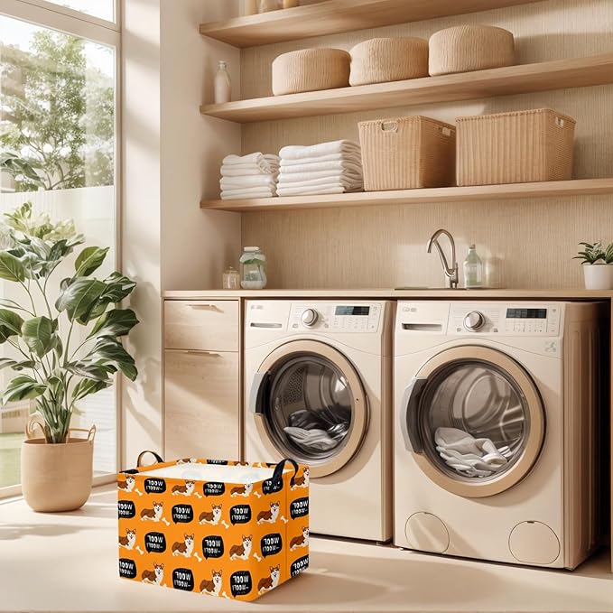 Woof Dog Basket Storage Bin for Chew Toys Pet Supplies & Pet Organizer Dog room decor (Orange)