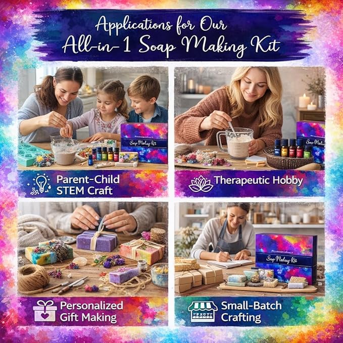 Soap Making Kit for Adults, Make Your Own Soap with Melt & Pour diy gentle soap supplies; 6 Essential Oils, Silicone Soap Mold, Spoon, Dried Flowers, 1.5lbs. Goats Milk Soap Base, 4 Colors, 9 Labels
