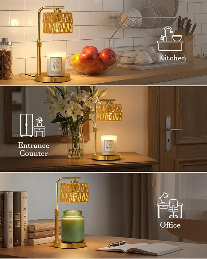 Candle Warmer Lamp with Timer, Dimmable Candle Warmer for Jar Candles, Height Adjustable Candle Lamp Warmer, Boho Rattan Lampshade and 2 Bulbs, Gift for Home Room Decor, Gifts for Women Mom (Gold)