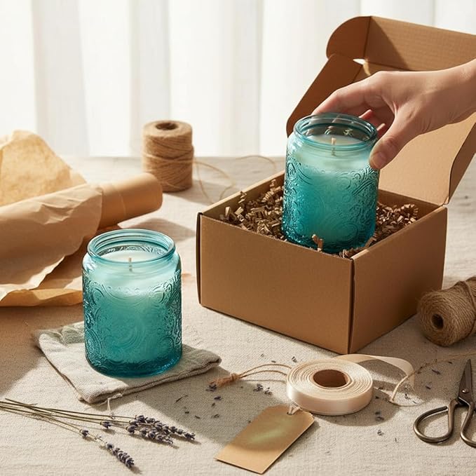 9-Pack 8oz Embossed Glass Candle Container with Bamboo Lids and Labels, Blue Candle Jars for Making Candles, Sun Moon Star Design