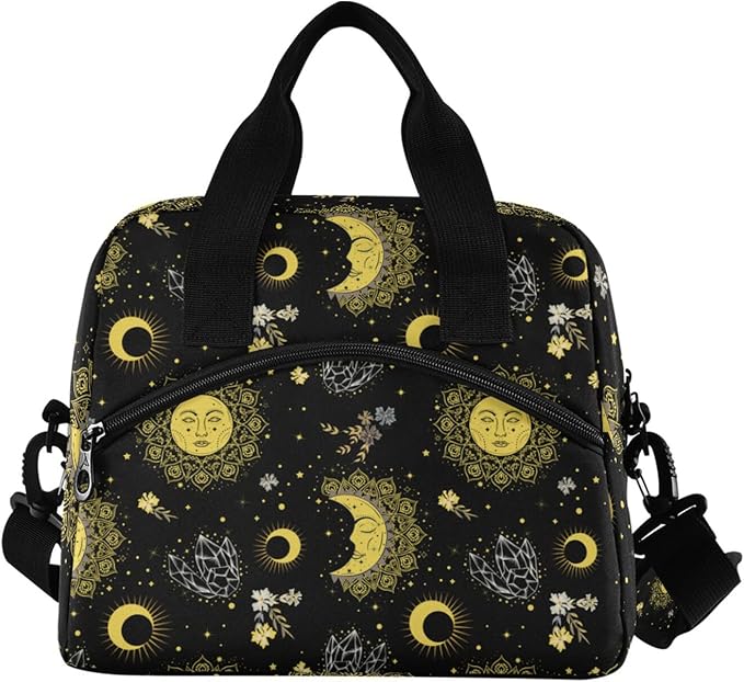 CBBYY Moon Star Mystic Sun Face Lunch Bags for Women Men, Reusable Insulated Lunch Box, Adjustable Shoulder Straps Tote Lunch Bag for Work Picnic School