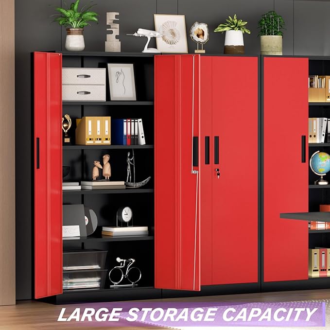 Superday Metal Storage Cabinets, 71" Storage Cabinet with Locking Door, Tall Garage Cabinet with 2 Doors and 4 Adjustable Shelves for Home Office, Classroom, Easy Assemble(Black Red)