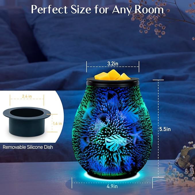 EQUSUPRO Wax Melt Warmer Wax Melter Wax Burner for Scented Wax Melts Electric Fragrance Warmer for Wax Cubes & Tarts, Vivid 3D Design 7 Colors LED Light Gift & Decor for Home Office (3D Sea)