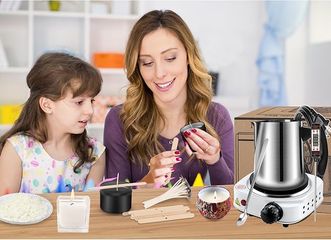 Candle Making Kit, Wax Melter For Candle Making, DIY Candle Making Supplies For Adults,Beginners, Including 500w Electric Stove, 900ml Melting Wax Pouring Pot, Candle Wick, Spoon, Thermometer(White)
