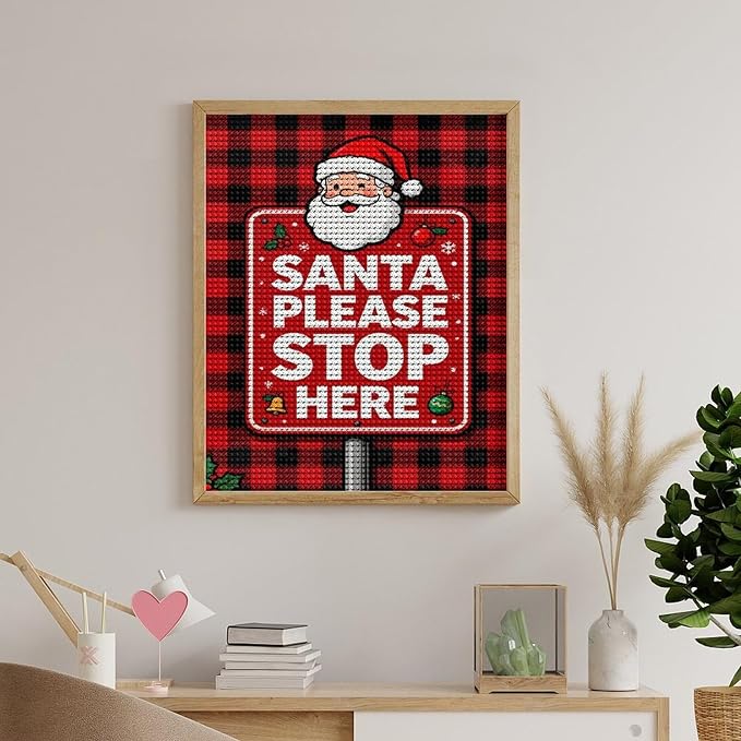 AIVKIEJK Diamond Painting Kits for Adults - Holly & Stars, Santa Please Stop Here Painting DIY 5D Full Drill Diamond Dots Paintings with Diamonds Gem Art and Crafts Home Decor 16"x20"