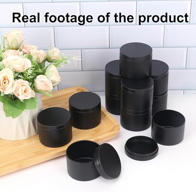 48 Pack 4 oz Black Metal Candle Tins with Lids, Round Bulk Metal Candle Jar, Matte Finish, for DIY Candle Making and Storage
