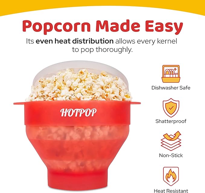 The Original Hotpop Microwave Popcorn Popper, Silicone Popcorn Maker, Collapsible Bowl BPA-Free and Dishwasher Safe- 20 Colors Available (Transparent Red)