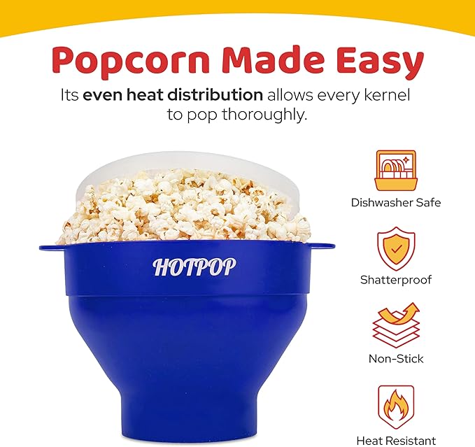 The Original Hotpop Microwave Popcorn Popper, Silicone Popcorn Maker, Collapsible Bowl BPA-Free and Dishwasher Safe- 20 Colors Available (Blue)