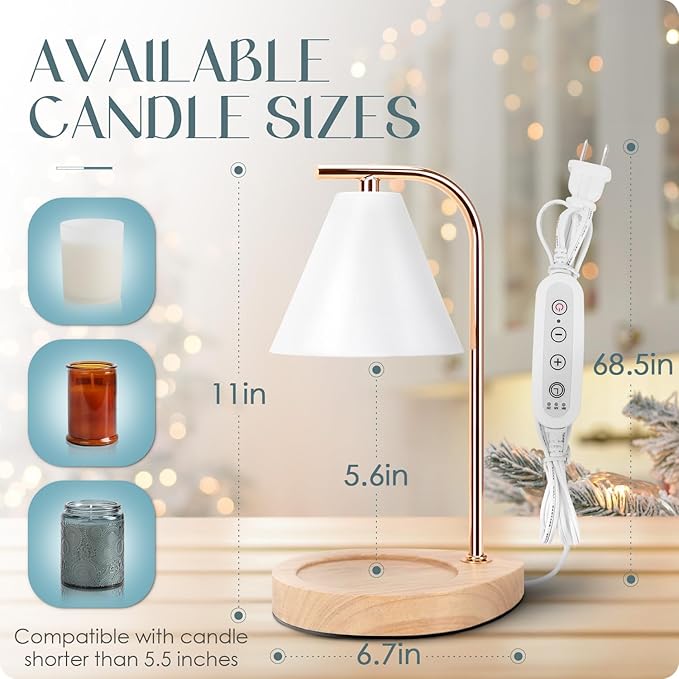 Aimoptg Candle Warmer Lamp with Retro Wooden Base - Home Decor Wax Melt for Small and Large Jar Candles, Candle Heater Lamp with 2 Bulbs, Dimmer and Timer Function-White