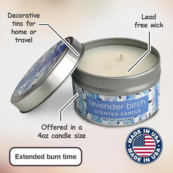 Greenwich Bay Hand-Poured Scented Candle in Decorative Tin – 4 oz/114 g Travel Candle with Lead-Free Wick, Vegetable Wax, Long-Burning Aromatherapy Gift, Single Wick – Made in USA (Lavender Birch)