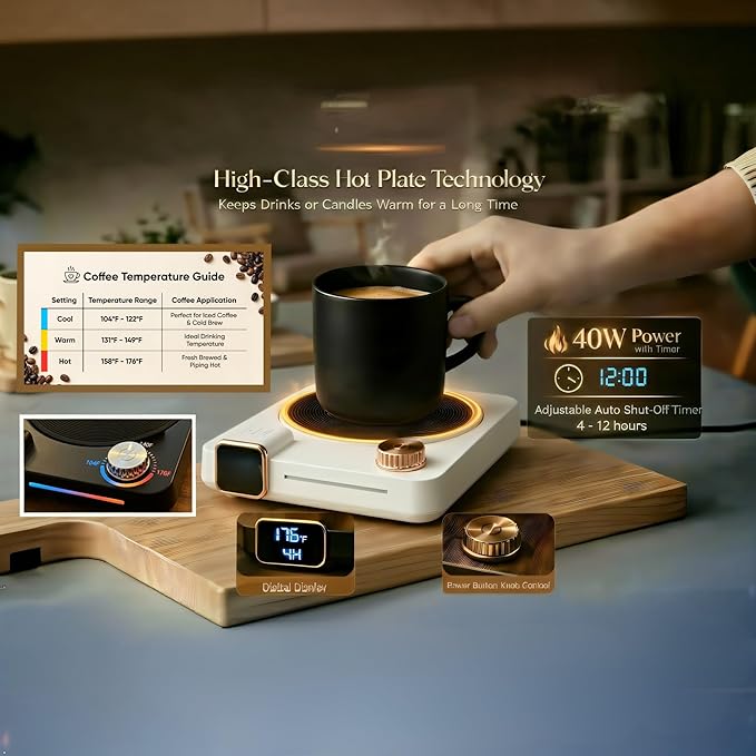 Coffee Mug Warmer for Desk, 40W Electric Cup Warmer with Digital Display, 9 Temp Settings, 1–12H Timer & Auto On/Off, LED Display Candle & Beverage Warmer Plate.