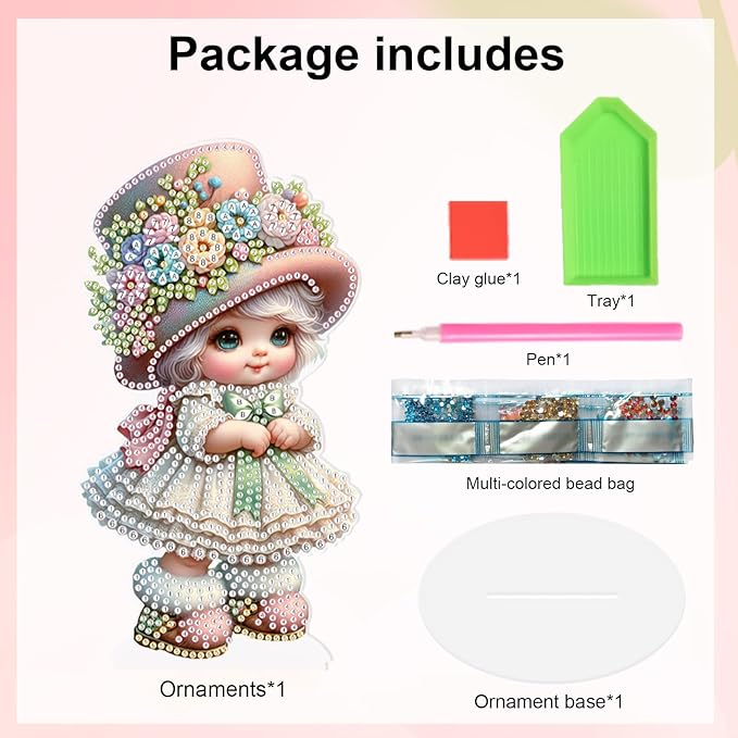 antor 5D Cute Diamond Art Painting Tabletop Ornament Kit, Acrylic DIY Diamond Art Desktop Ornaments Doll Figurine with Floral Hat, Special Shaped Crystal Diamond Painting Table Top Home Office Decor