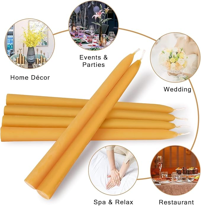 100% Pure 8 Inch Natural Bees Wax Taper Candlestick 12Pack - 8 Hours Long Burning, Smokeless, Dripless and Unscented for Home Decor Party Dinner